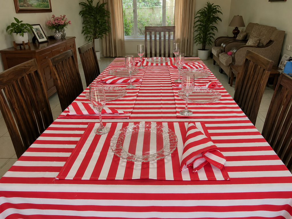 Handblock Printed Cotton Stripe Table Linen Set - Red & White