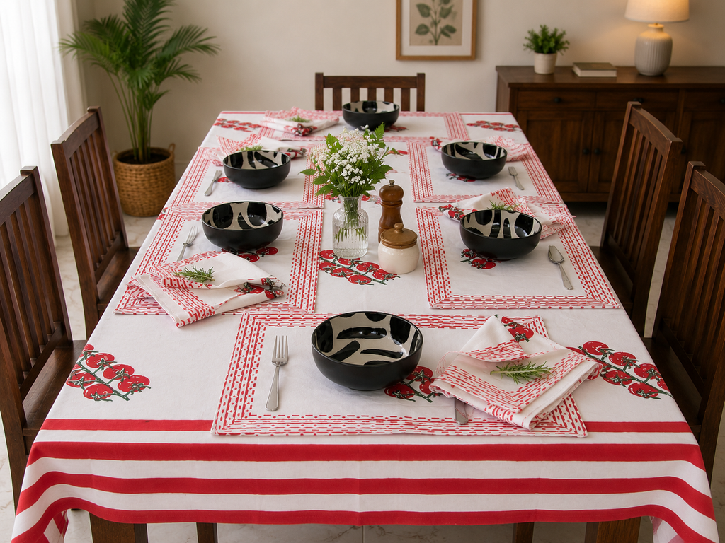 Handblock Printed Table Linen Set(With Mats & Napkins) - Scarlet Bloom