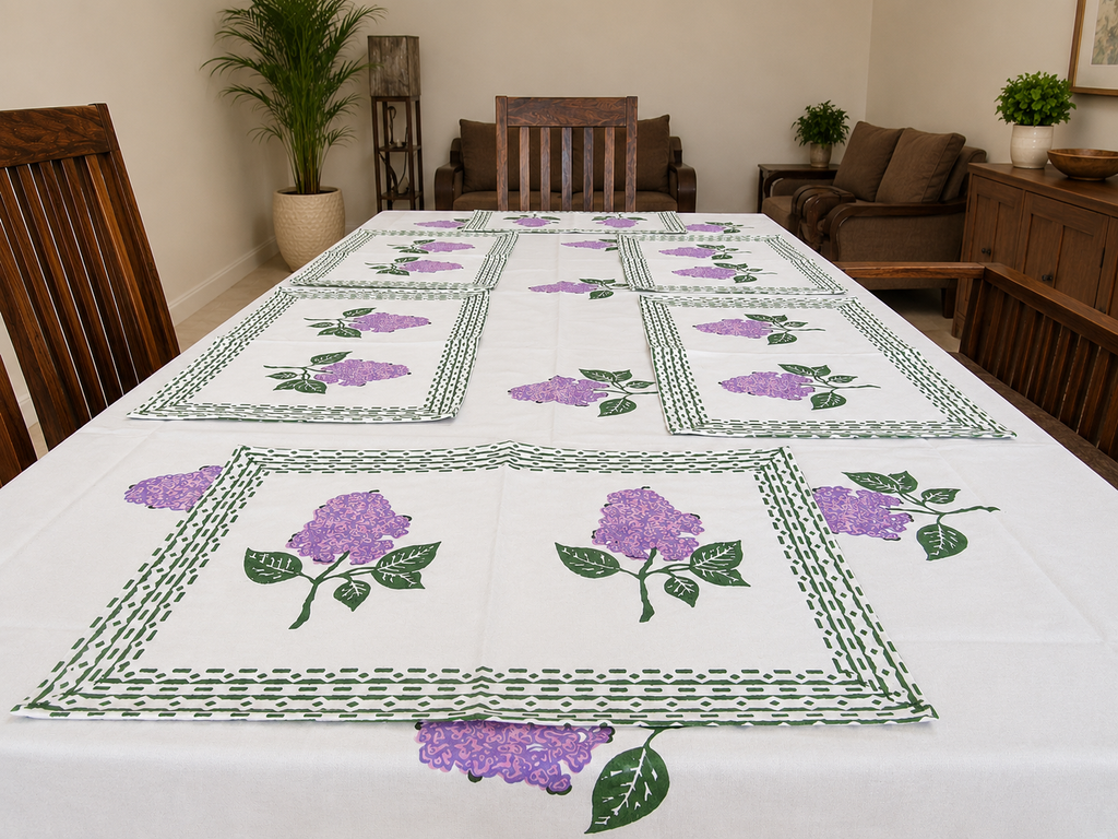 Handblock Printed Table Linen Set - Lilac Bloom