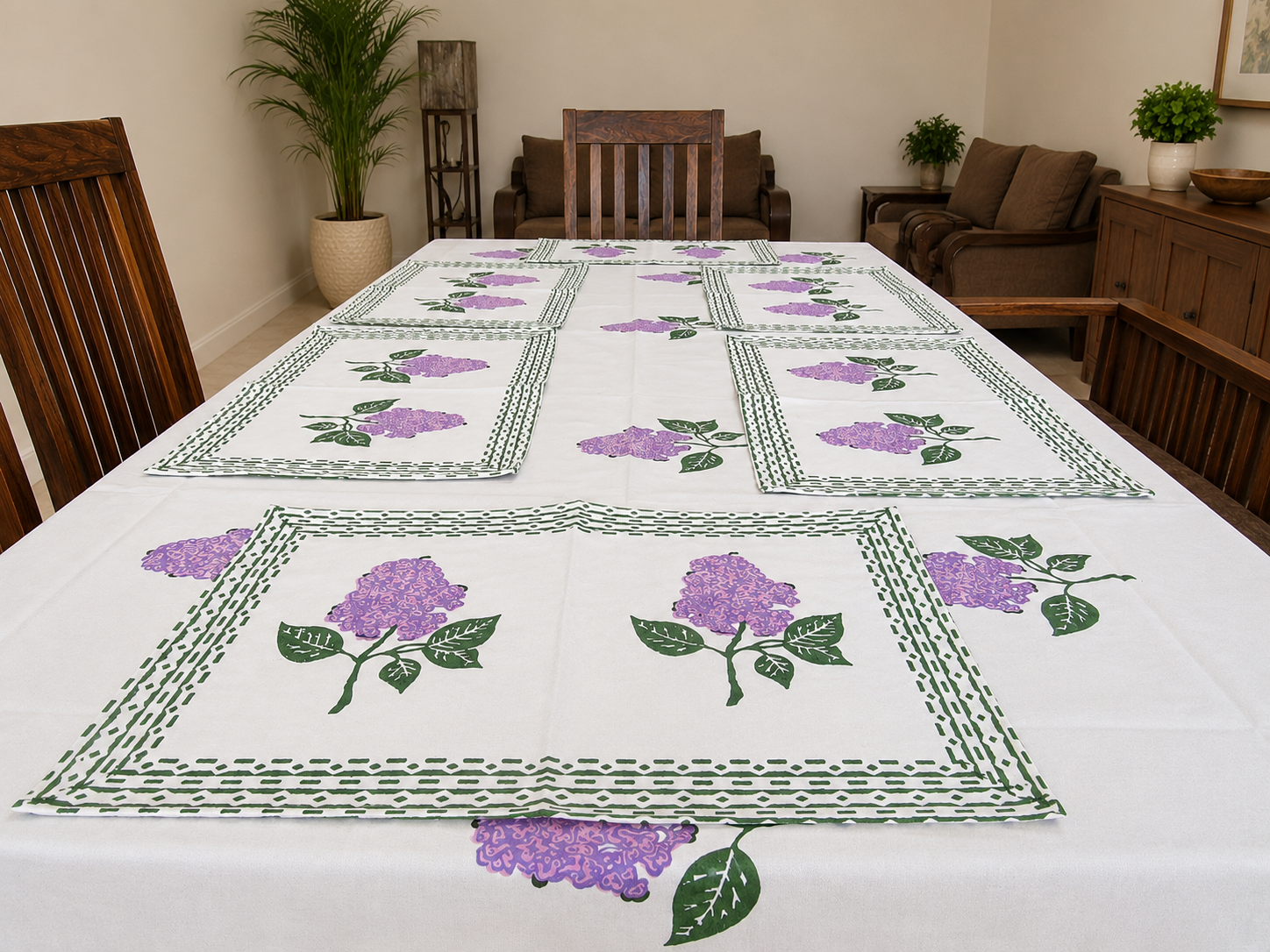 Handblock Printed Table Linen Set - Lilac Bloom