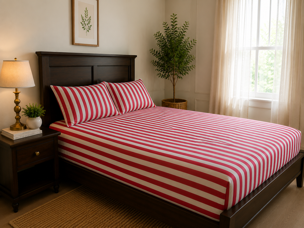 Handblock Printed Cotton Bedsheet - Ruby Stripe