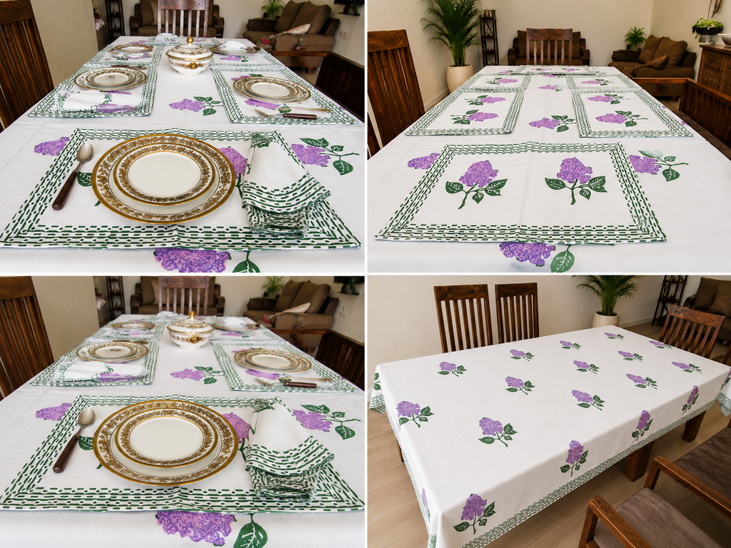 Handblock Printed Table Linen Set - Lilac Bloom