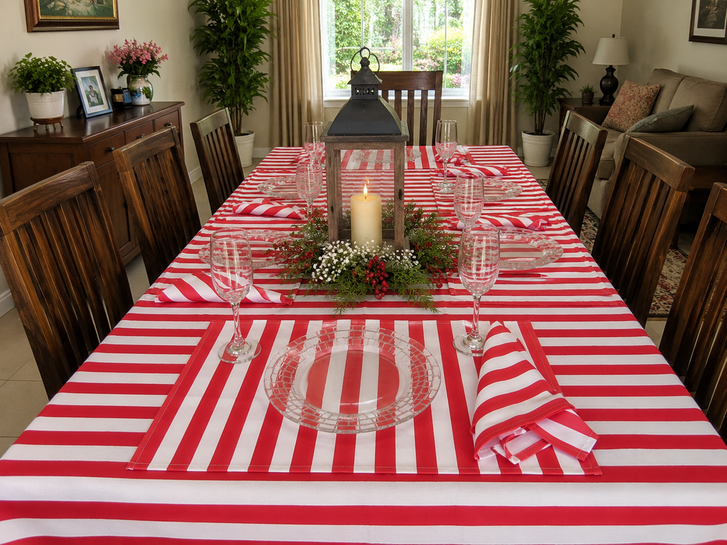 Handblock Printed Cotton Stripe Table Linen Set - Red & White