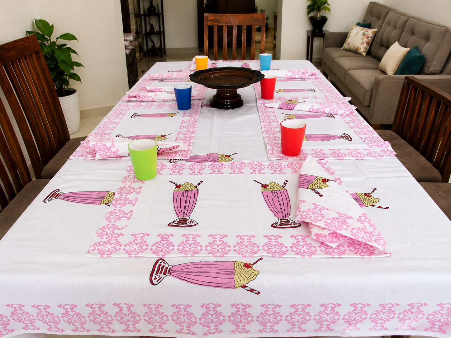 Handblock Printed Table Linen Set - Milkshake