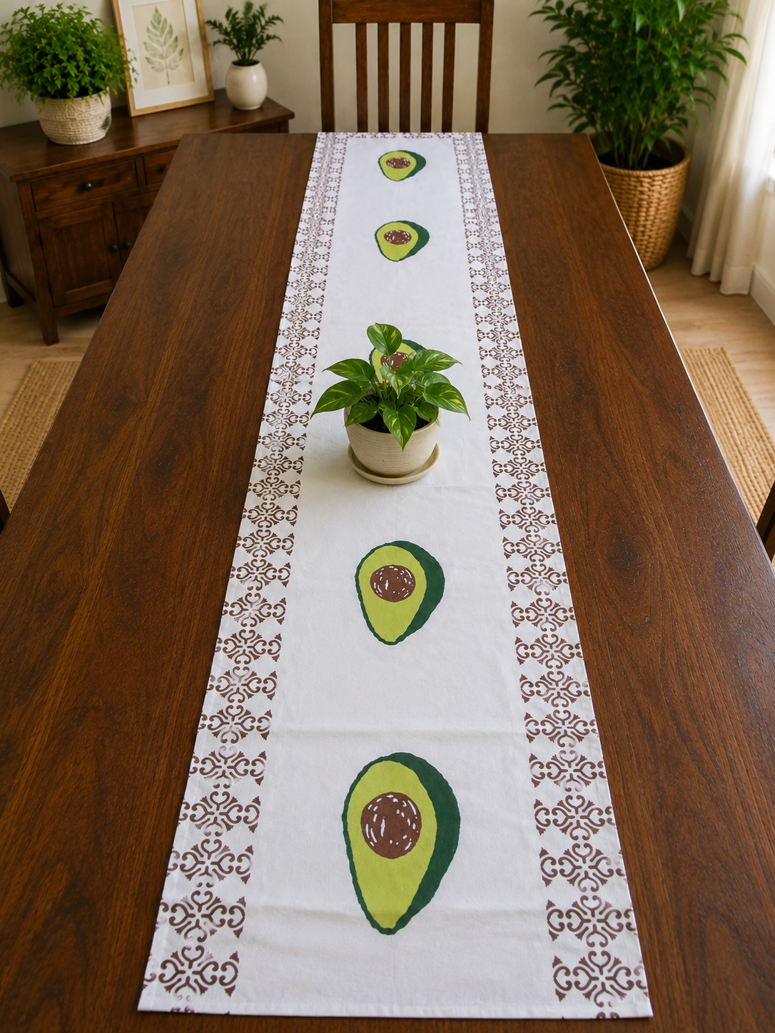 Handblock Printed Table Runner - Avocado (13" × 72")