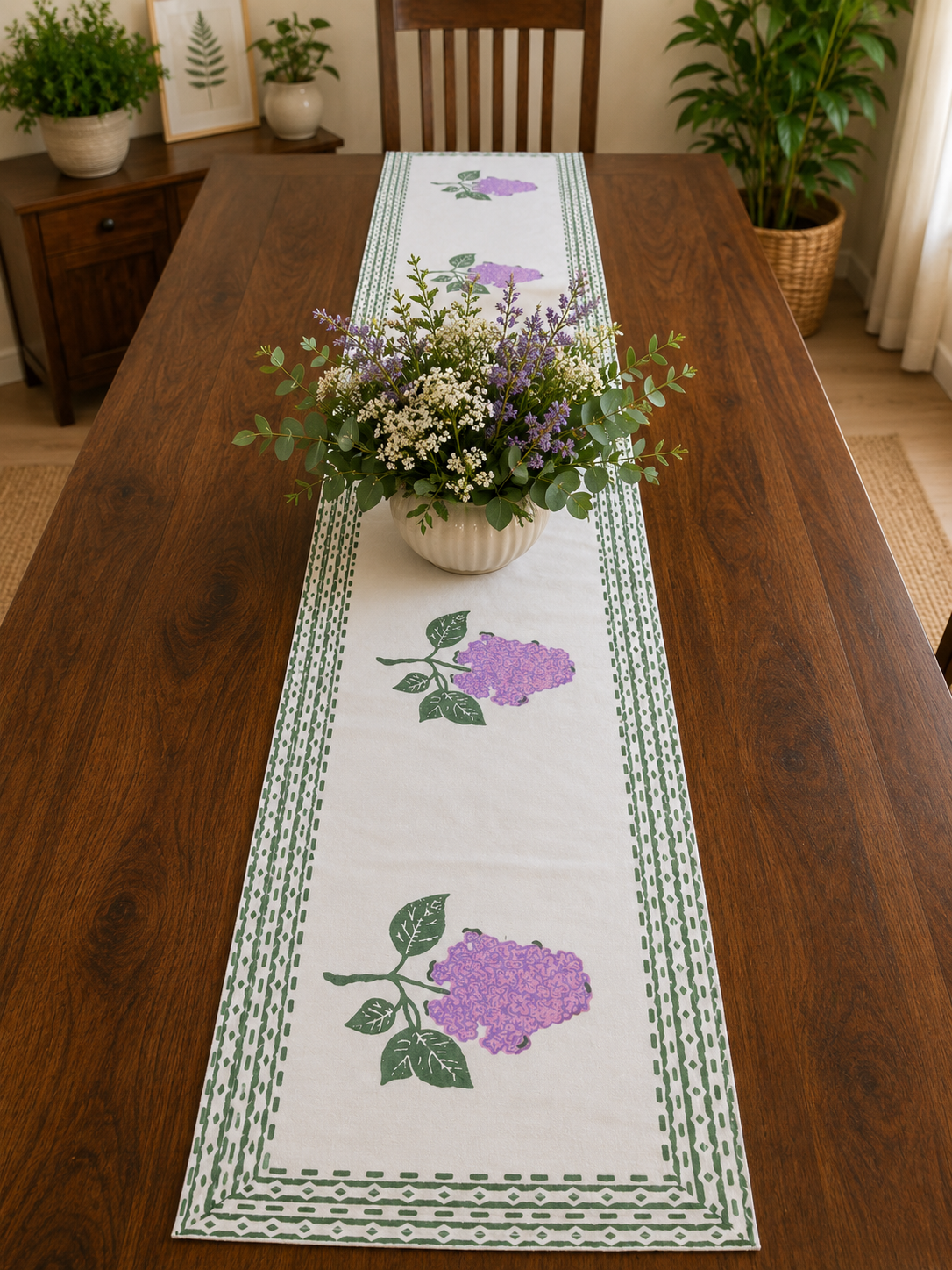Handblock Printed Table Runner - Lilac Bloom (13" × 72")