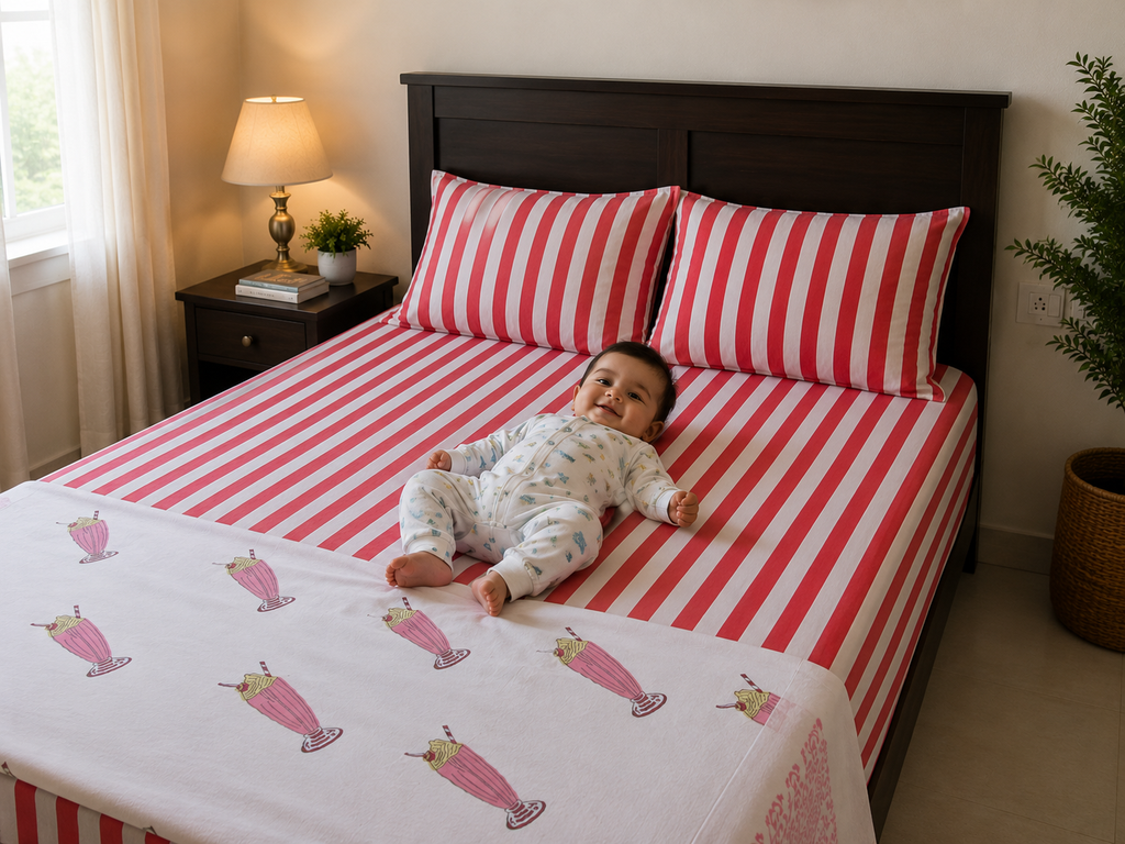 Handblock Printed Cotton Bedsheet - Ruby Stripe