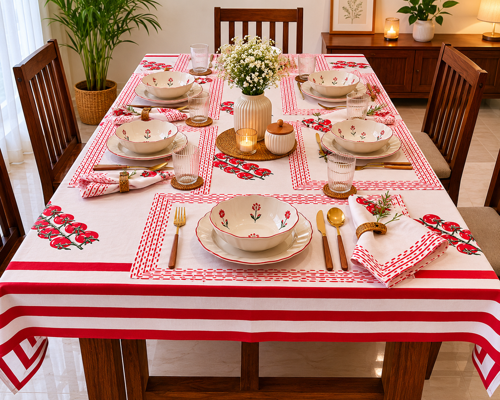 Handblock Printed Table Linen Set(With Mats & Napkins) - Scarlet Bloom