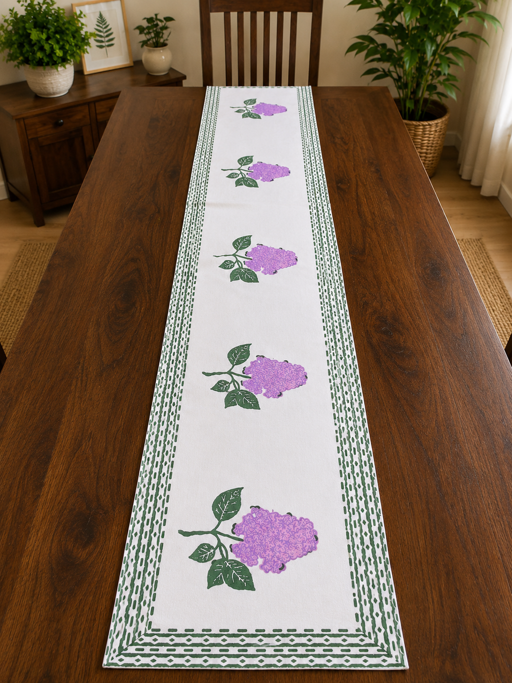 Handblock Printed Table Runner - Lilac Bloom (13" × 72")